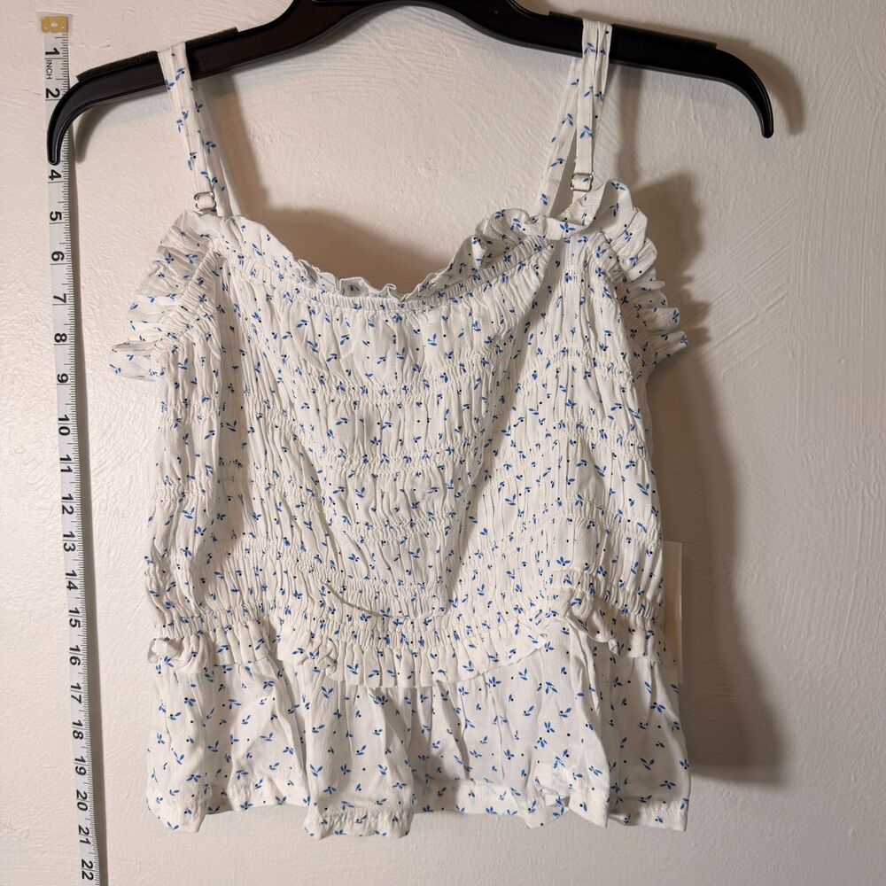 Free Assembly Smocked Peplum Blouse Tank Blue Print Women’s Size Med. NWT